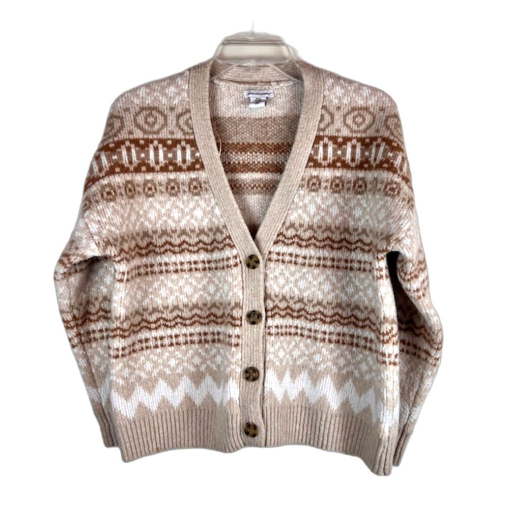 Cupcakes and Cashmere Fair Isle Cardigan Sweater Oatmeal Tan Brown Medium